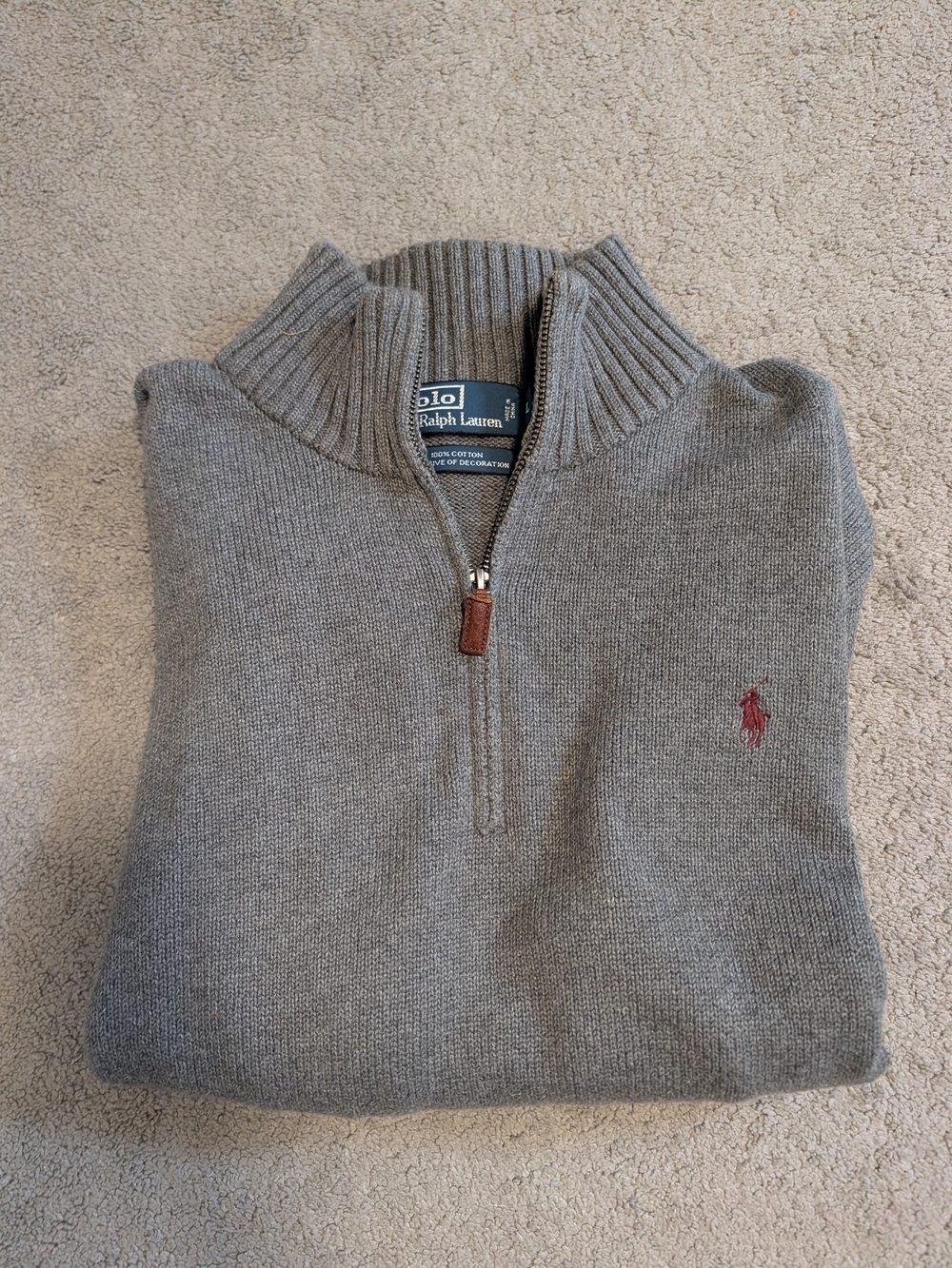 Polo Ralph Lauren Men's Gray Zip-Neck Sweater with Burgundy Pony, Large